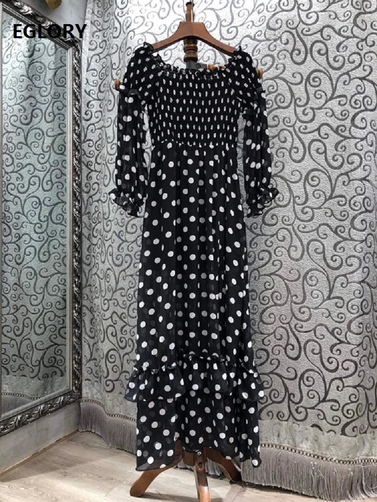 

Женское длинное шелковое платье, черное или Фиолетовое Платье макси с открытыми плечами и принтом в горошек, весна-лето 2021