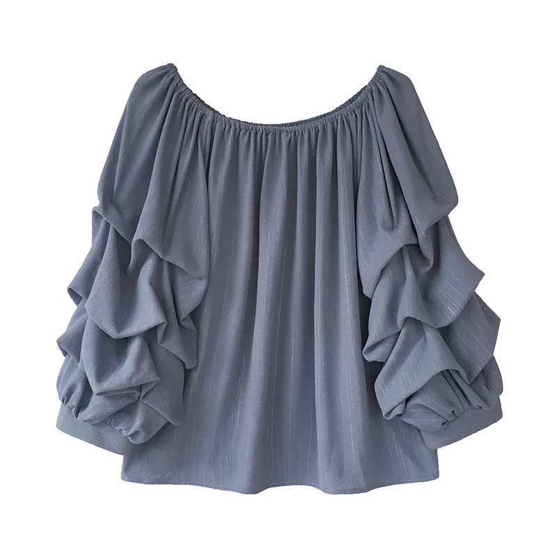 2021 Autumn new fashion style one-neck shoulder chiffon blouse loose foam blouse thin solid color print shirt