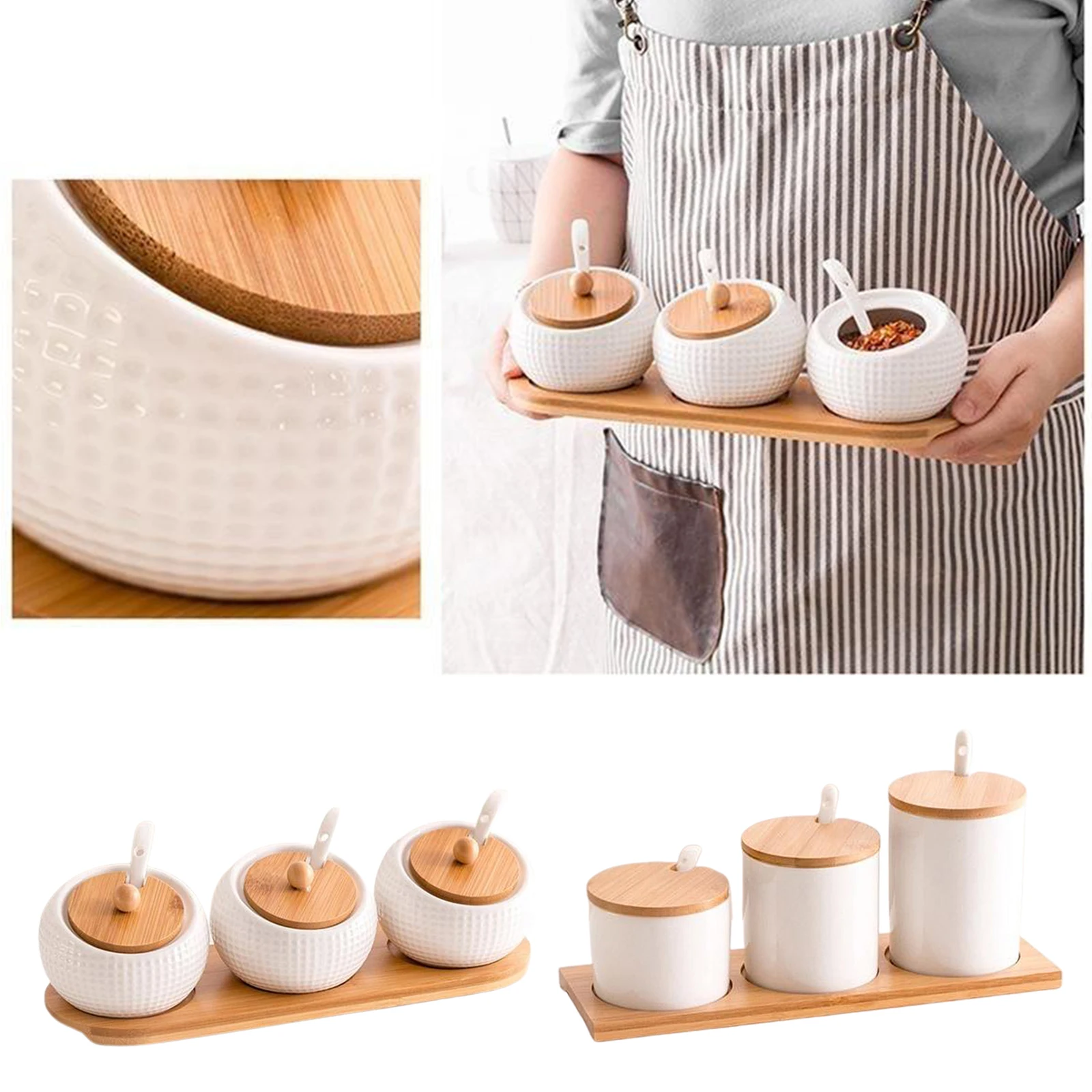 

Cremaic Seasoning Box Spice Jar Set Condiment Cruet Bottle with Serving Tray, Lids, Spoons