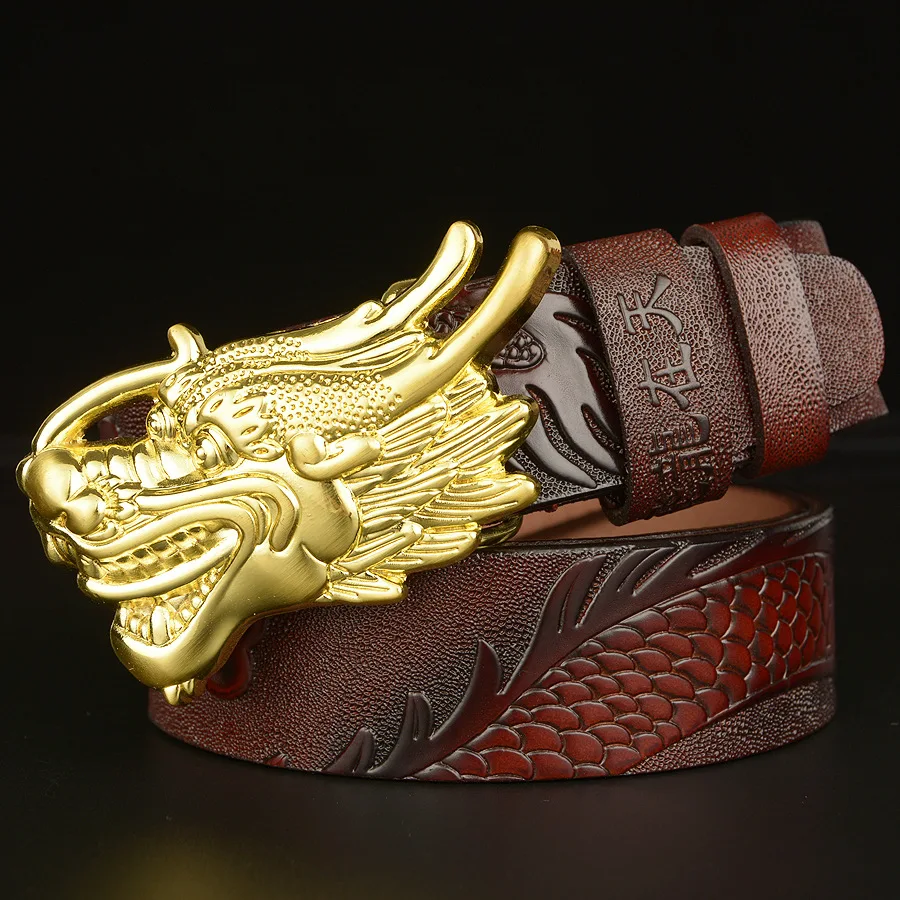 Western denim domineering dragon men's true leather belt smooth buckle leather personality dragon trousers belt