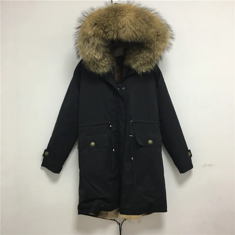 Новинка Женская парка из меха енота черная Красивая длинная куртка