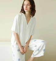 female clothes with dots printed short sleeve white tops and calf lengtnh pants women pajama set two pcs suit sleep home clothes