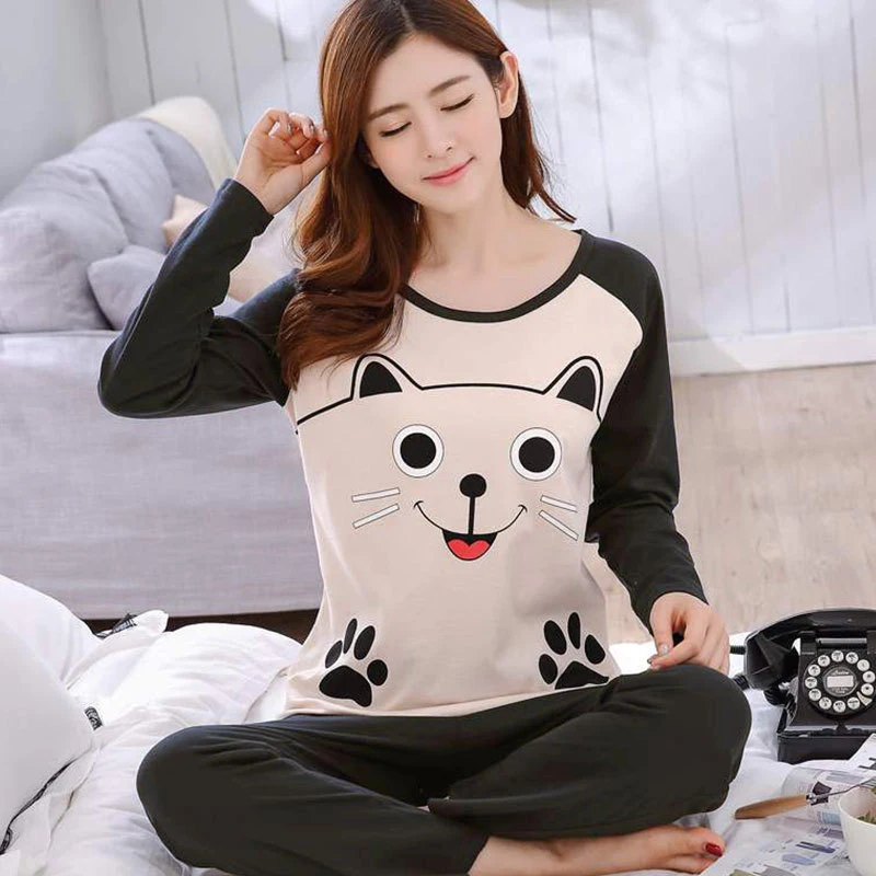 Зимние хлопковые Пижамные комплекты для женщин с длинным рукавом мультяшный