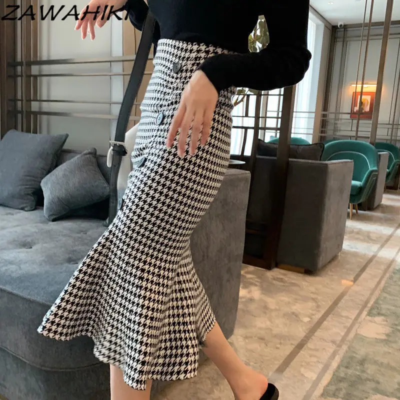

ZAWAHIKI Knitted Mujer Faldas Autumn and Winter Women New Slim Chic Elegant Mid-length High Waist Bag Hip Skirt Mermaid Skirts