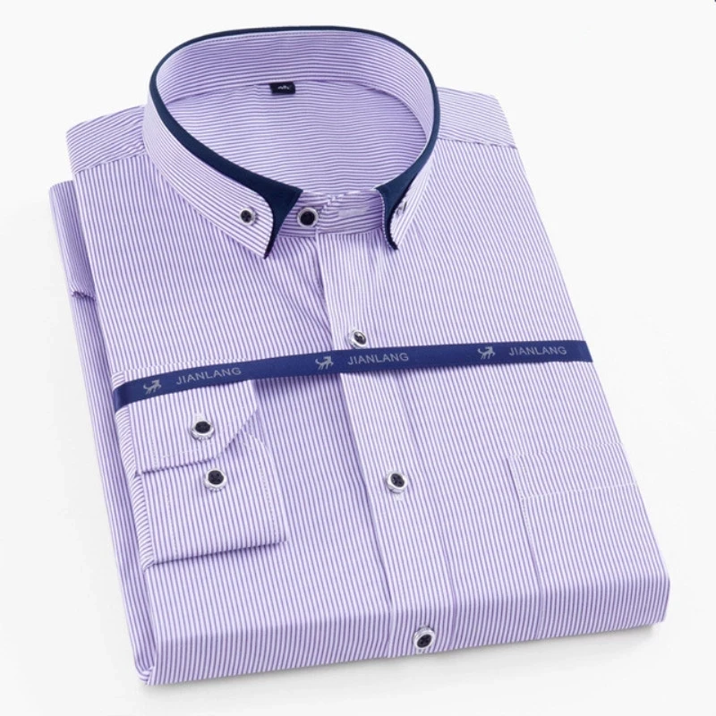 Мужская Однотонная рубашка в полоску Повседневная приталенная хлопковая белая