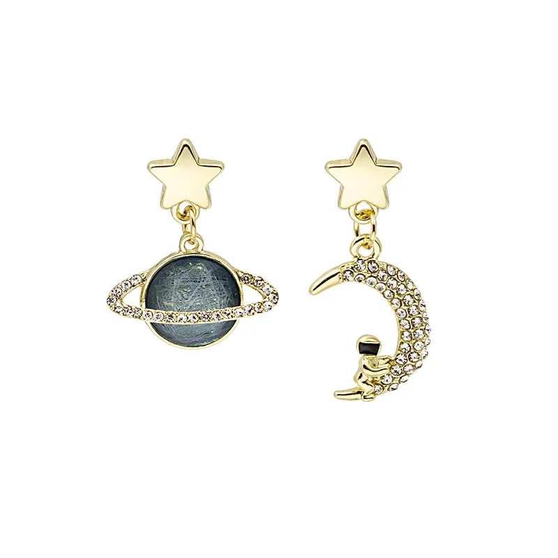 

2021 New Arrival Silver Needle Asymmetric Zircon Planet Moon Drop Earrings Ins Wind Korean Short Design Earrings Jewelry Gift
