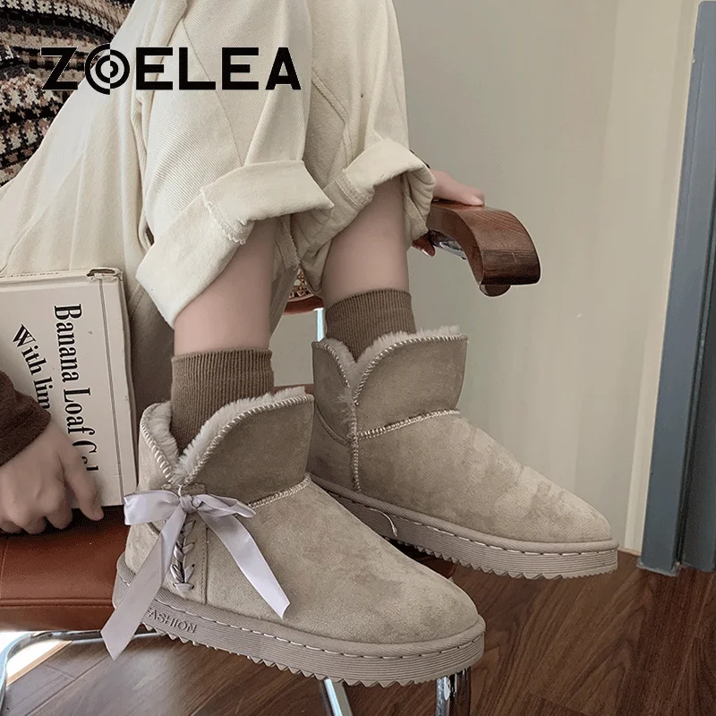 

Bow-Knot Solid Snow Boot for Women Ankle Shallow Cotton Shoes Plush Winter Keep Warm Boot for Women 2021 Striped Plaid Boots