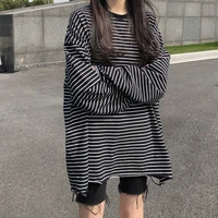 2022 striped hip hop ripped hole long sleeve women t shirt fashion casual harajuku teenagers oversized streetwear clothing black