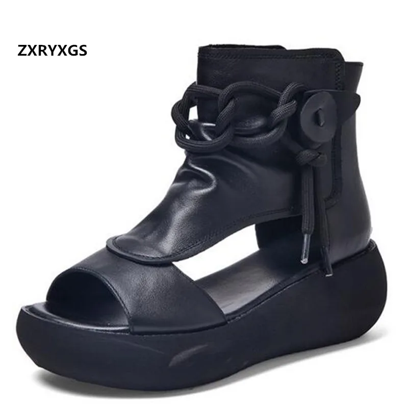 

2022 New Roman Style Summer Boots Women Sandal Shoes Top Cowhide Leather Sandals Thick Sole Heighten Shoes Woman Wedges Sandals