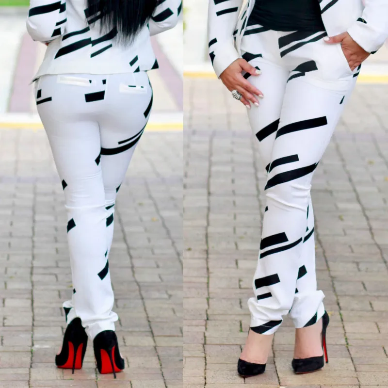 Women 's Fashion Black &amp White Striped Print Shoulder Jacket + Pants Two - piece Set |