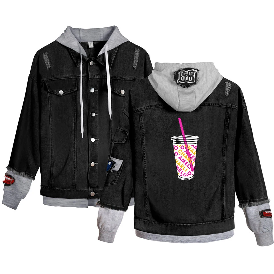

2021 Charli D'amelio merch Men Denim Jacket Ice Coffee Splatter Jackets Men Women Internet celebrity Charlie DAmelio Merch Tops