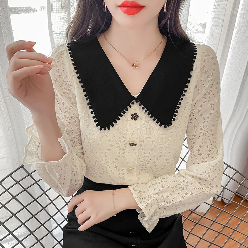 Women's Autumn New French Chiffon Blouse Lace Bottoming Shirt Blusas Female Flare Sleeve Button Up Shirt Sweet Dropshipping 1469