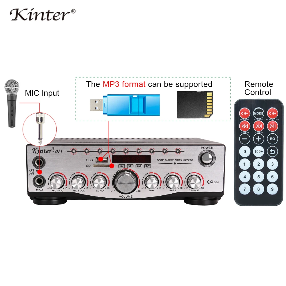 Kinter-011 hifi стерео звук караоке усилитель аудио 2,0 канальный источник питания AC и DC12V предложение USB SD Mic вход использовать в домашних условиях