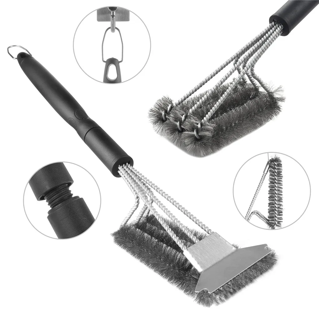 

3-in-1 BBQ Grill Clean Brush Scraper Long Handle Stainless Steel Barbeque Grill Wire Brush