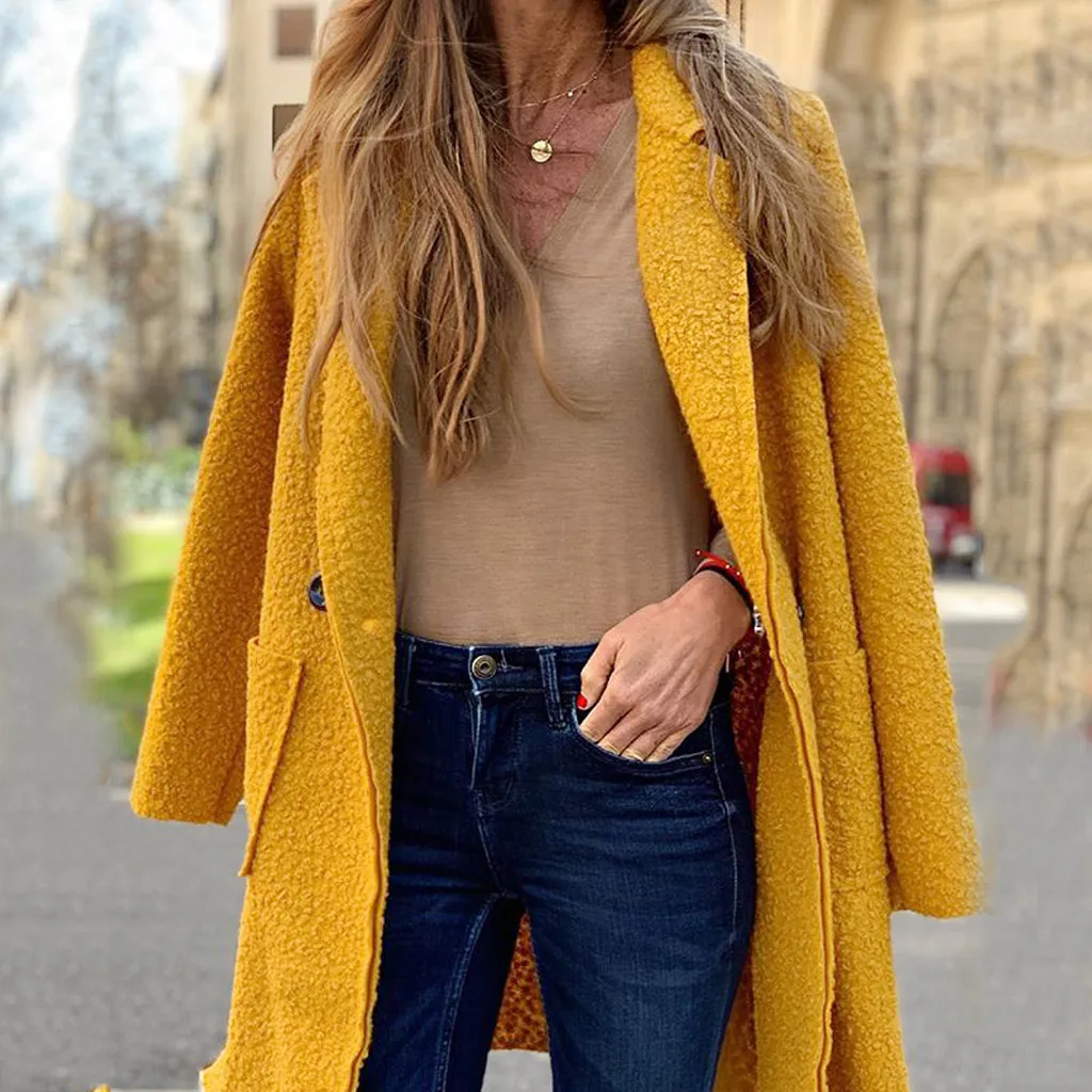 

2019 Spring Autumn Plus Size Wool Coat Women Loose Long Sleeved O-neck Medium Long Yellow Korean Coat Casacos