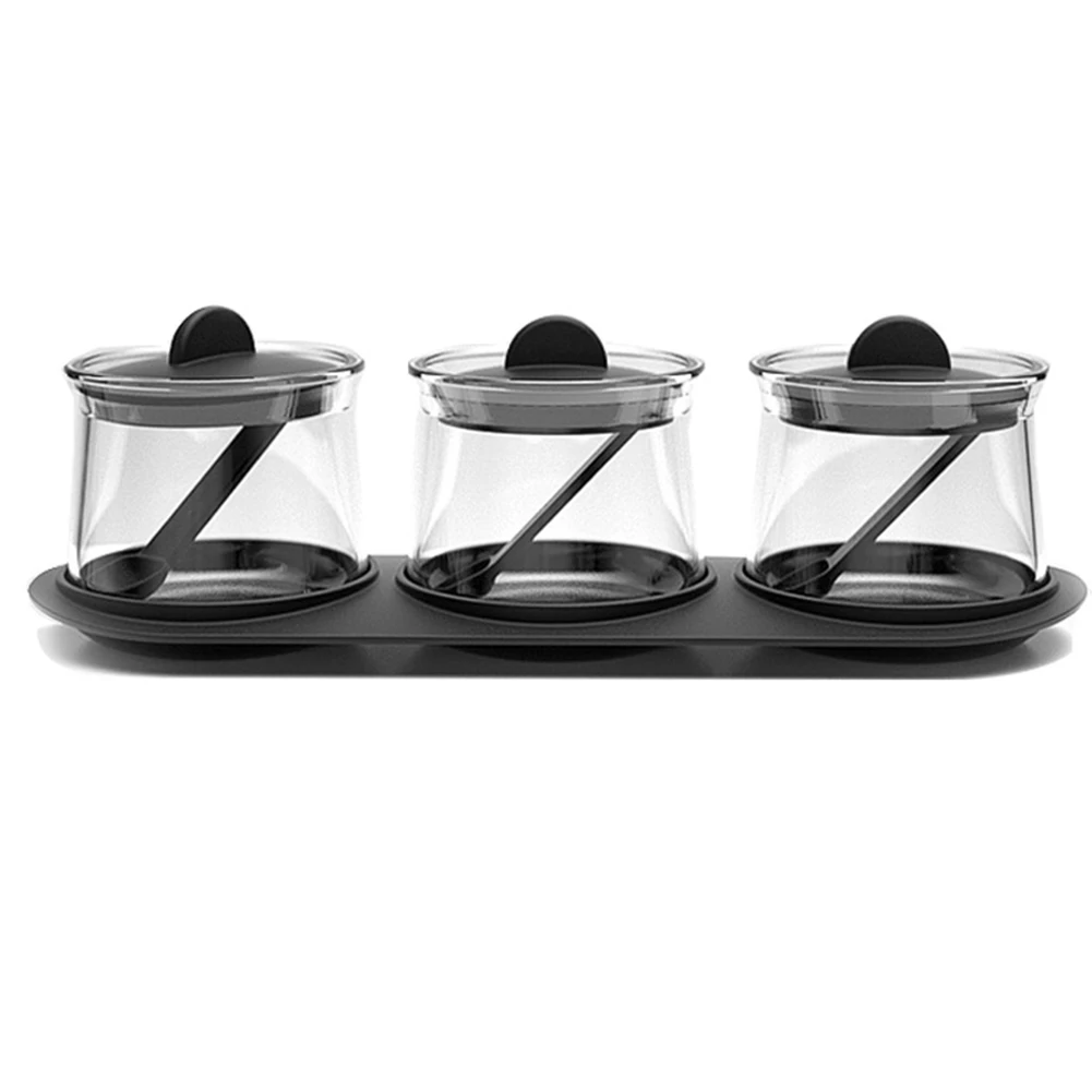 

3 Pcs Set Of Glass Condiment Bottle with Pallet Measuring Spoon Condiment Pot Glass Spices Seasoning Jar Kitchen Supplies