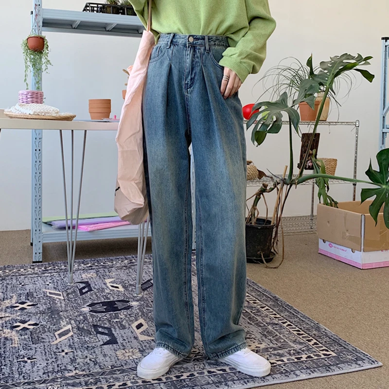 Уличная Высокая талия женские модные джинсы прямые брюки винтажные | Женская