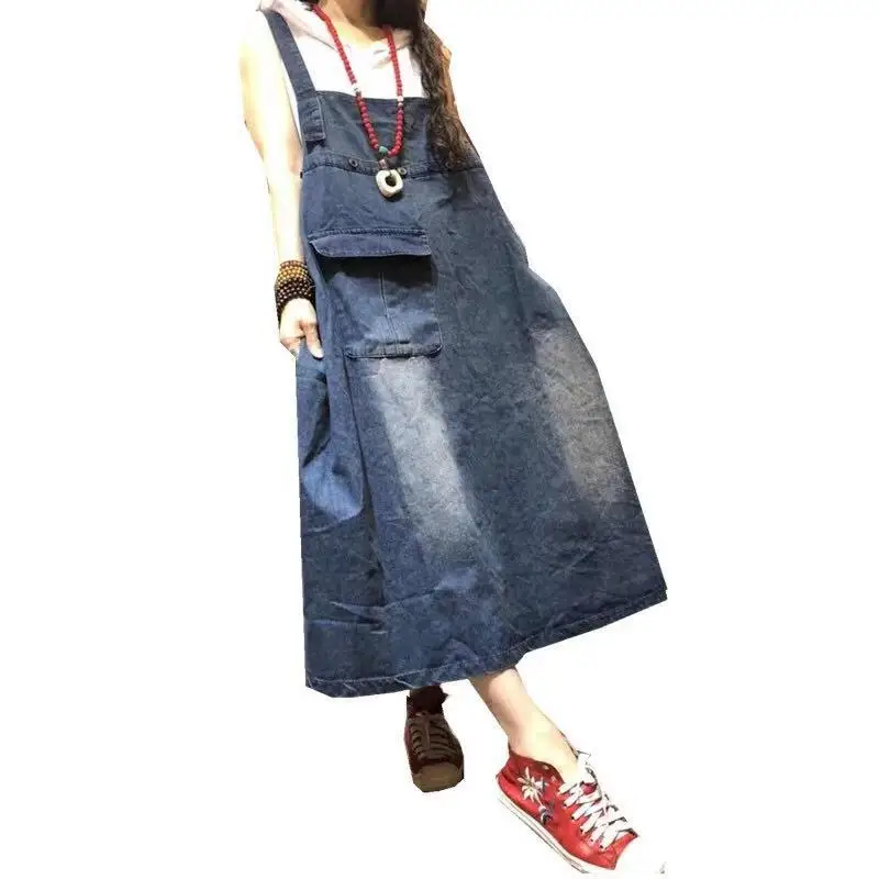 

IEQJ Women Dress New Casual Strap Suspender Skirt Loose Pocket Design Blue Denim Vintage A-line Fashion Spring Autumn 2021 8P201