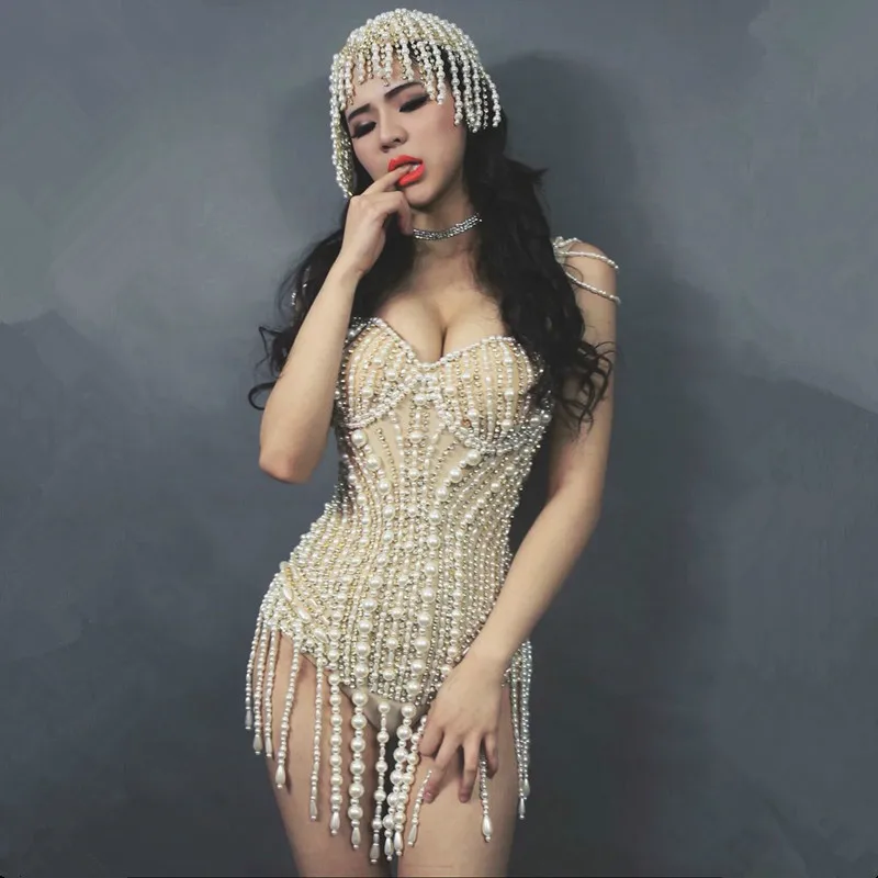 Женский наряд для выпускного вечера блестящее боди с жемчугом танцевальный