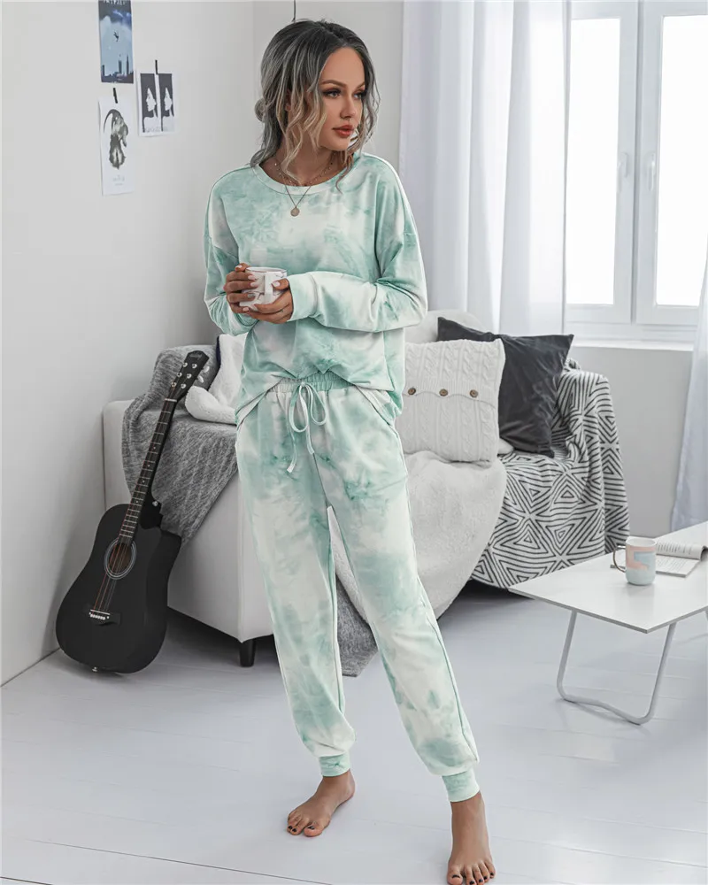 

2021 New Tie Dye Printed Women Pajamas Long Sleeve Tops And Long Pants Hooded Pijamas Feminino Set Nightwear Casual Sleepwear