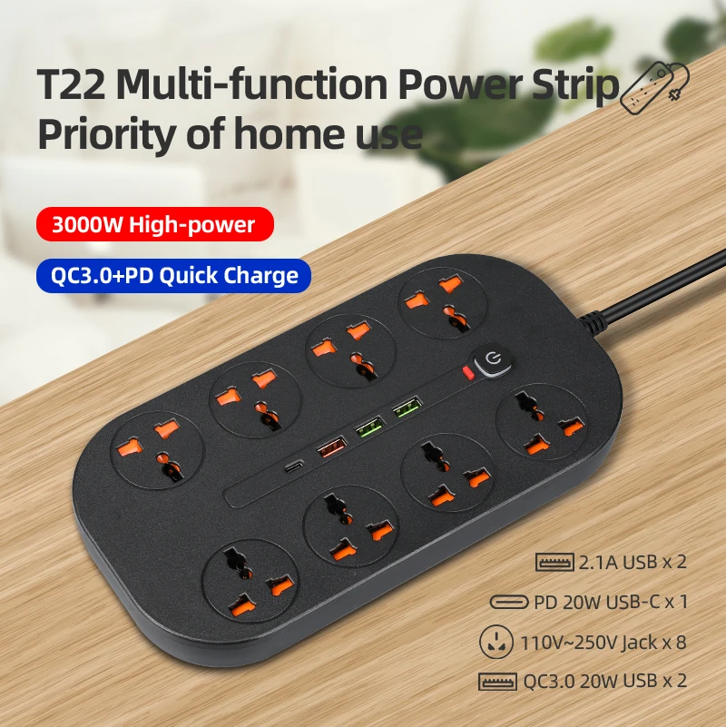 Univeral Multi Usb Charger QC3.0 PD 20W 3000W Outlets Power Strip With 8 AC Sockets 2M Long Extension Cord | Мобильные телефоны и