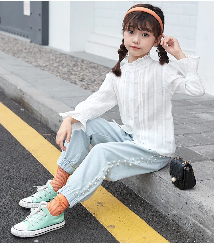 

Girls' Autumn New 2021 children's spring and autumn shirt set fashionable foreign style jeans fashion girl two piece set