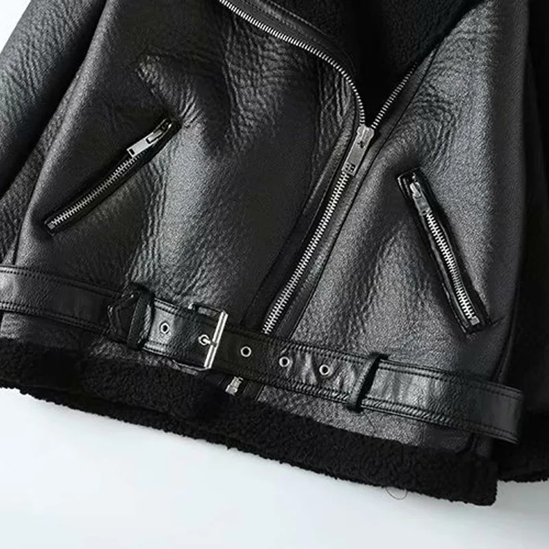 

Fur Long Sleeved Loose Belt Warm Women's Jacket Lamb Wool Winter Thickened Locomotive Lapel Female Coat Beige Black Chic PU Tops