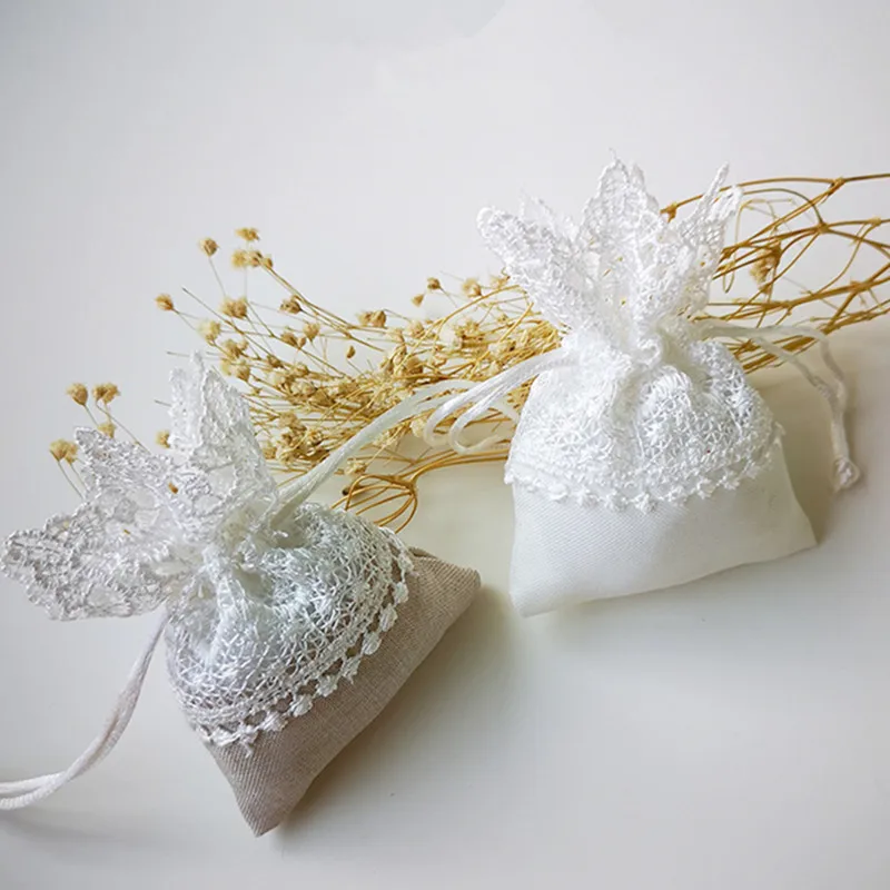 

30pcs Lace Jewelry Gift Bag White/Beige Drawstring Bag for Home Holiday Party DIY Decoration Wedding Candy Dragees Packaging