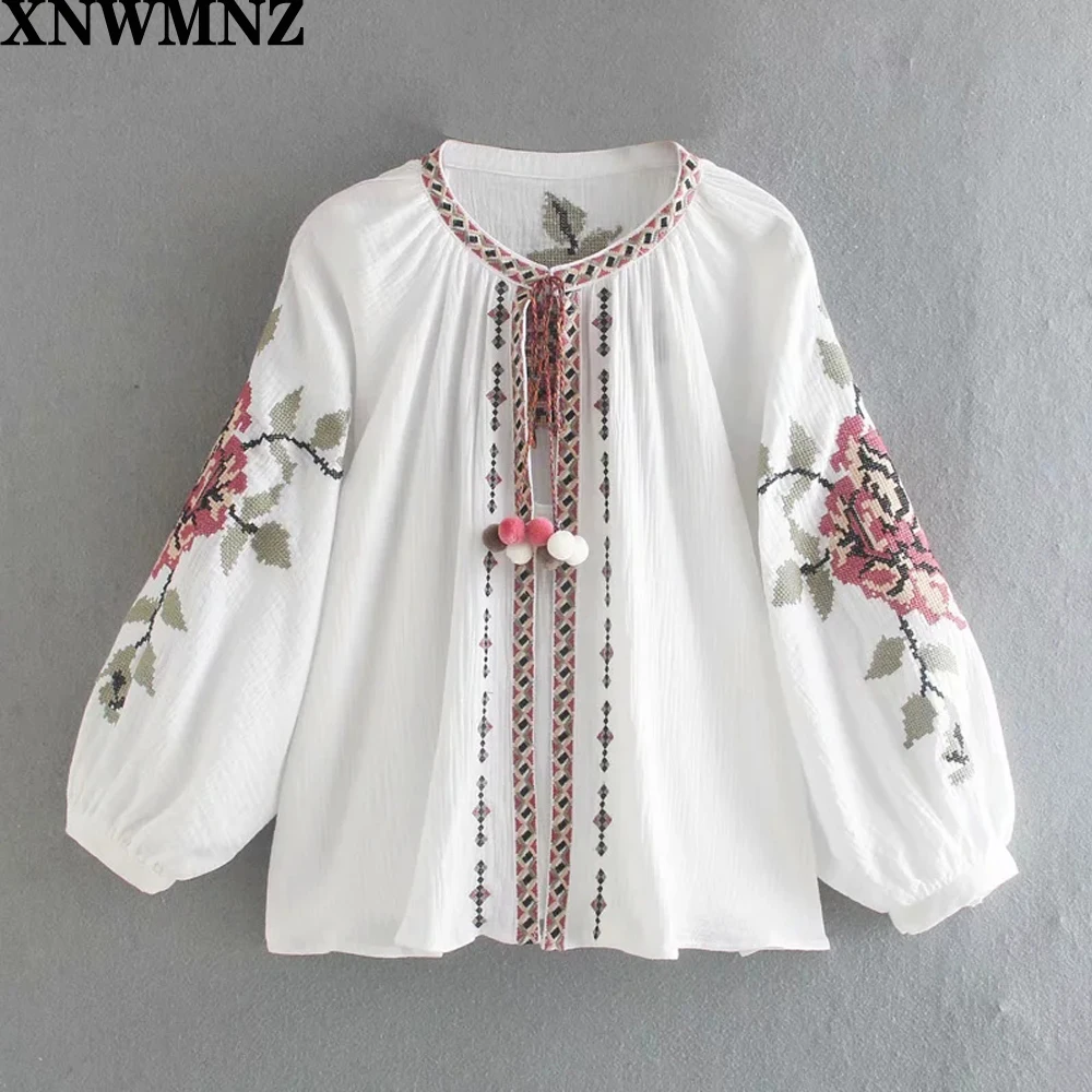 

XNWMNZ BOHO blouse cotton floral embroidered blouses tassel long lantern sleeve loose Casual hippie women tops blouse and shirt