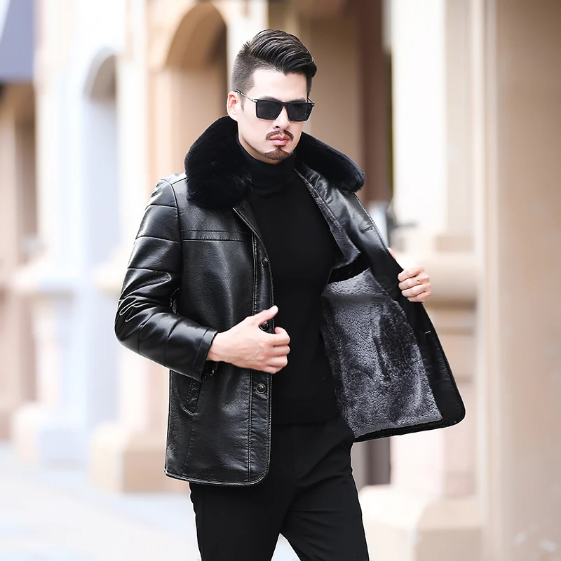 Новое пальто из овчины размера плюс 6XL, мужская куртка из натуральной кожи, Высококачественная кожаная куртка с воротником из меха енота