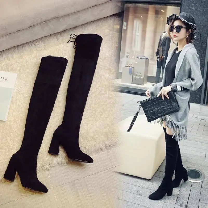 

over knee New style over knee boots women's thick heel boots high heel boots flat bottom elastic boots
