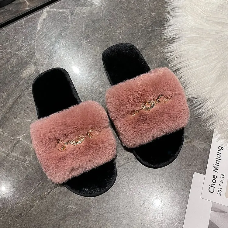 

New style raccoon fur slippers flat bottom imitation fox fur raccoon with rhinestone fur flip flops factory wholesale slippers
