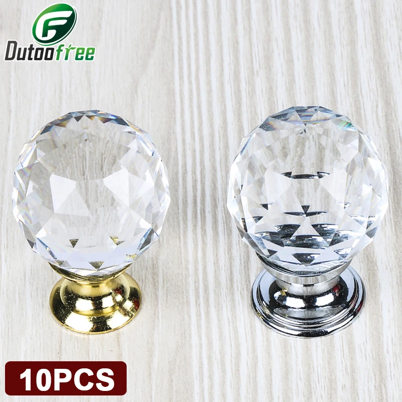 10PCS/lot Crystal Glass Handle Door Knobs 25-40mm in brass for Kitchen Cabinet Drawer Wardrobe Cupboard Dresser High Quality