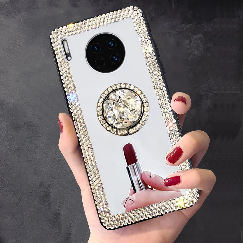 Phone Case For Huawei P30 Pro Mate 30 Real Mirror Glossy Diamond Rhinestones Ring Stand Cover Crystal Wrist Strap Accessories |