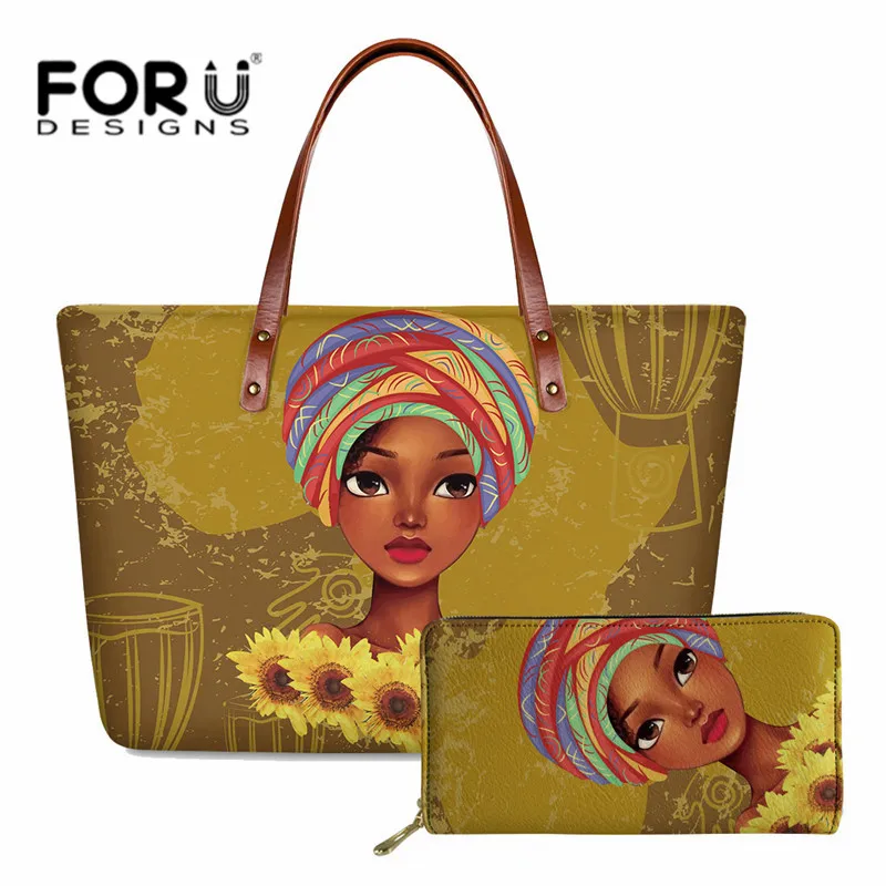 

Комплект сумок и кошельков для женщин, комплект из 2 предметов, черные Наплечные сумки с художественным принтом в африканском стиле для девушек, пляжные вместительные сумки-тоуты