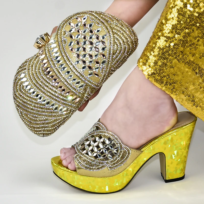 African Shoe and Bag Set Decorated with Rhinestone Summer High Heeled Shoes for Women Party Nigerian Women Shoes and Bag Set