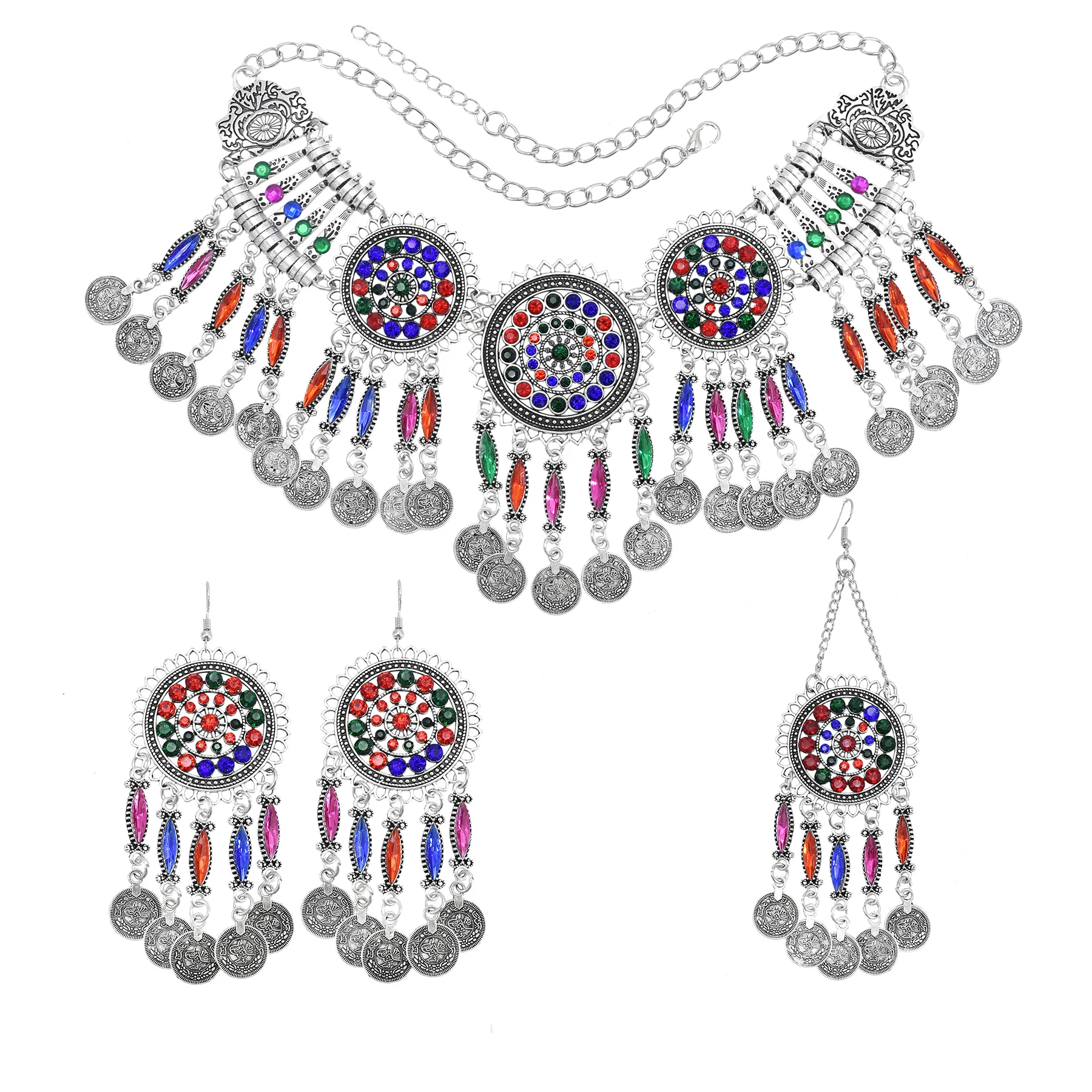 

Turkish Jewelry Sets for Women Boho Crystal Necklace Earring Hair Clips Coin Tassel Bridal Wedding Party Indian Afghan Tribal