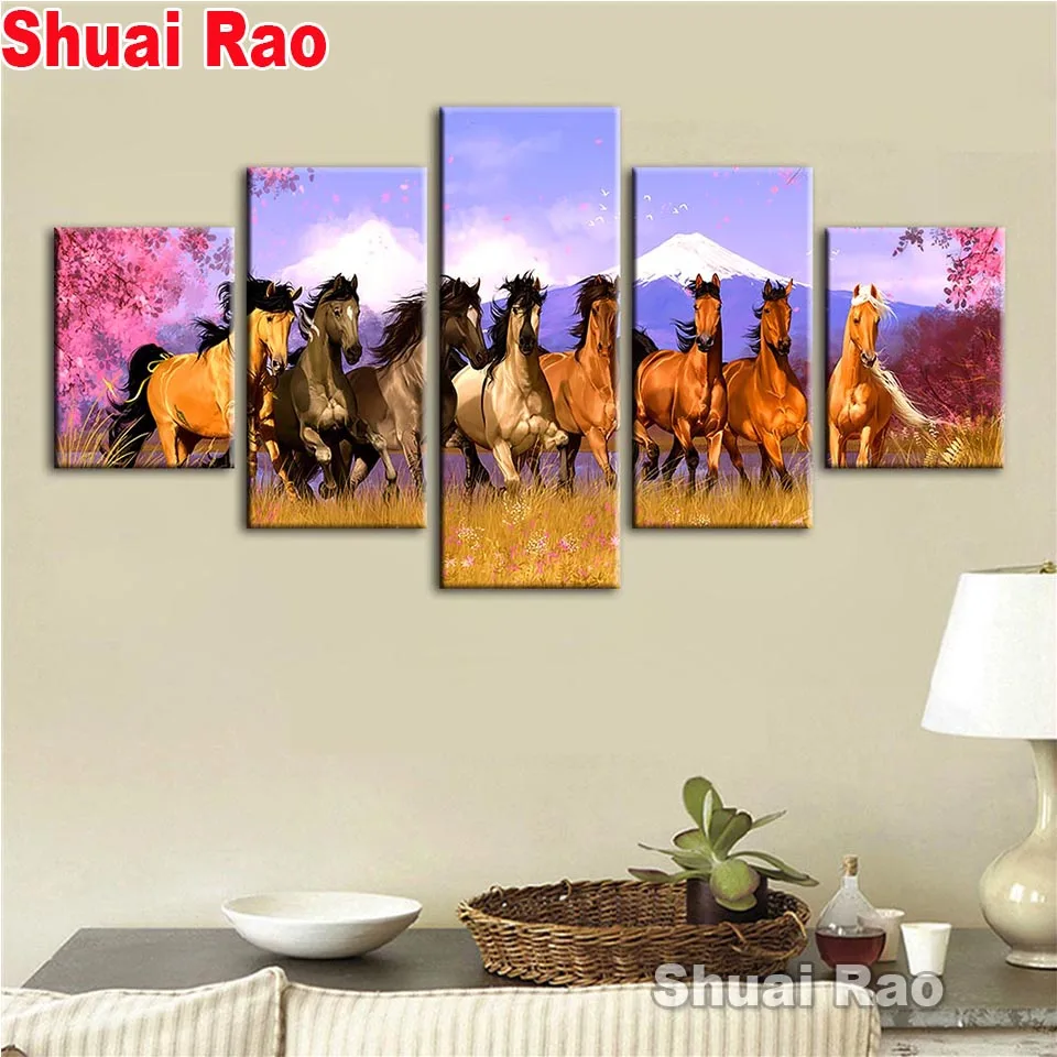 

5 Panel Diamond Mosaic Horses Diamond Painting Full Square Round Diamond Embroidery Fantasy Animal for New Year Decorations 2022