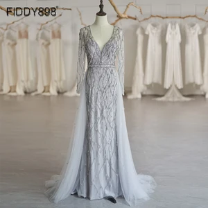 Вечернее платье с блестками и бусинами; Новинка 2020 года; Женское вечернее платье с длинными рукавами в Дубае; Вечерние фатиновые платья с глубоким v-образным вырезом; ASA-0099