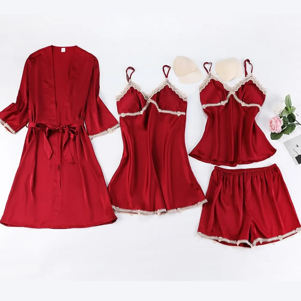 Атласная Для женщин кимоно Ночная рубашка платье гостинной 4 шт. Халат Костюм