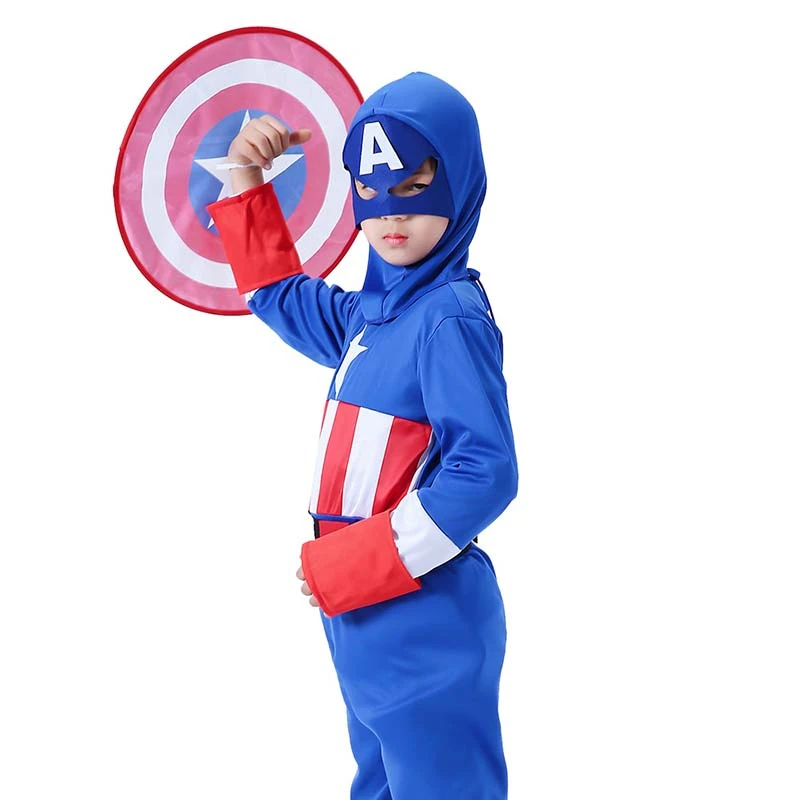 Halloween Cosplay Boys Kid Clothes Captain America Jumpsuit Matching Headgear Shield 3T-8T Carnival Role Play Prom Gown Costume | Детская