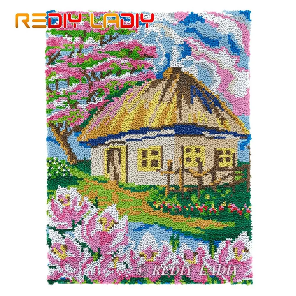 

Latch Hook Rug Flowers House Chunky Yarn Tapestry Kits DIY Carpet Rug Knitted Floor Mat Crocheting Cushion Arts & Crafts 61*81cm