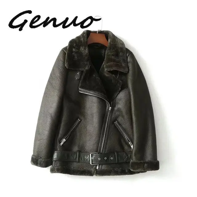 Genuo New 2019 New Winter Women Sheepskin Coats Thicken Faux Leather Fur Female Coat Fur Lining Leather Jacket Aviator Jacket