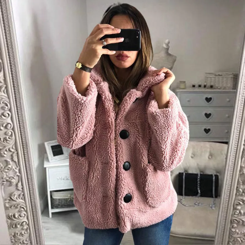 Зимнее повседневное пальто из искусственного меха для женщин осень зима пуговицы карман свободные сексуальные плюшевые пальто куртка женская элегантная красная верхняя одежда