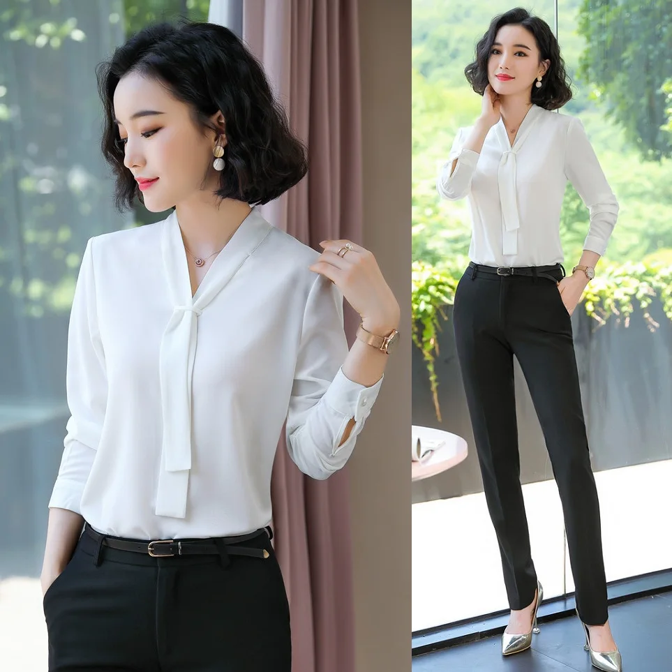 Женский офисный брючный костюм белая блузка и рубашка с длинным рукавом | Женская