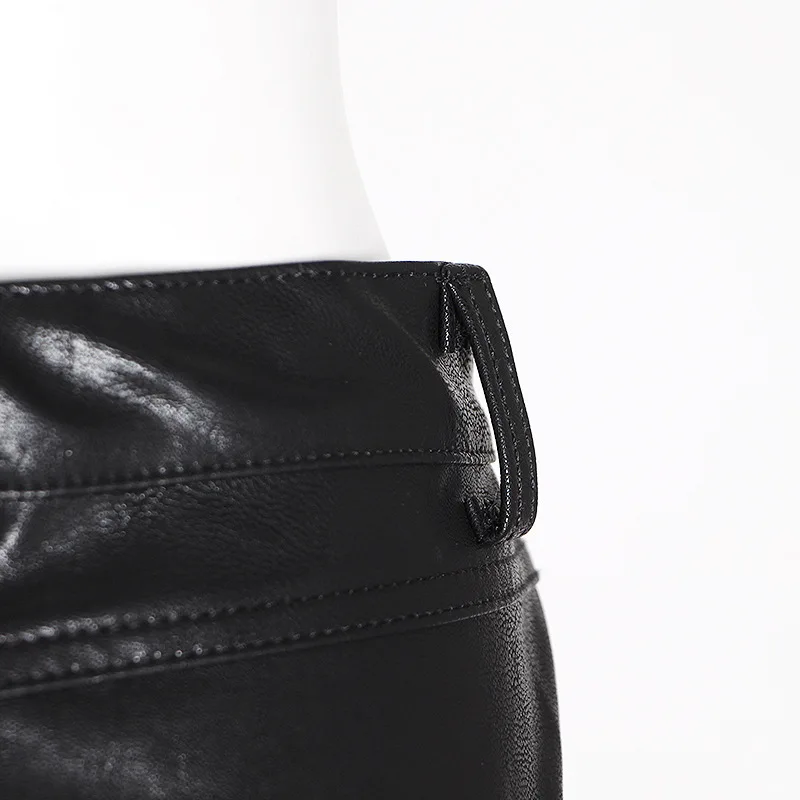 2020 New Color Contrast Plaid Women's Cropped Trousers PU Leather Asymmetrical Slim High Waist Women's Straight Casual Pants