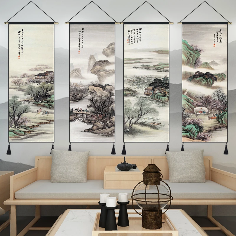 Картина на холсте "Китайский пейзаж с чернилами", напечатанная на висющем скролле, искусство для стены дома, украшение гостиной, плакат.