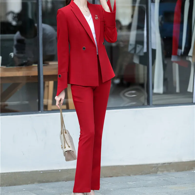 

Red Blazer Oversize Cardigan Women's Autumn Pant Suit Korean Fashion Double Breasted Blazer Elegant Slim Black Two Piece Ladies