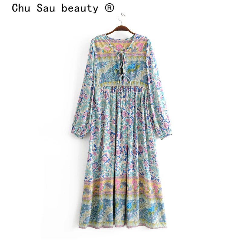Чу САУ красота новая Boho Цветочный принт женское длинное платье праздничные