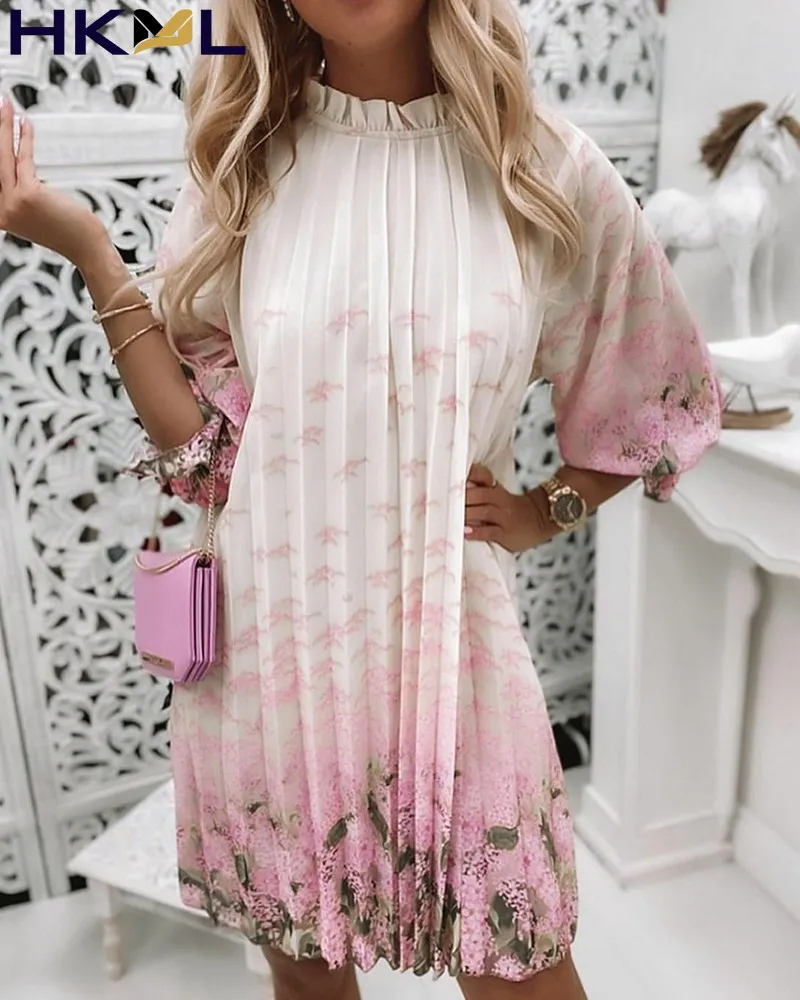 

Women Floral Chiffon Frill Hem O-Neck Flared Sleeves Folds Print Midi Spring Dress